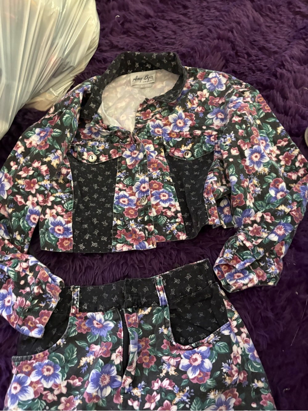 Amy Byer Floral Black Multi Print Elastic Waist Skirt and jacket